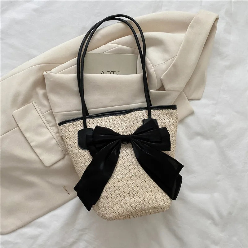 Women Straw Handbags Holiday Totes Lovely Bow Shoulder Bags Beach Bags