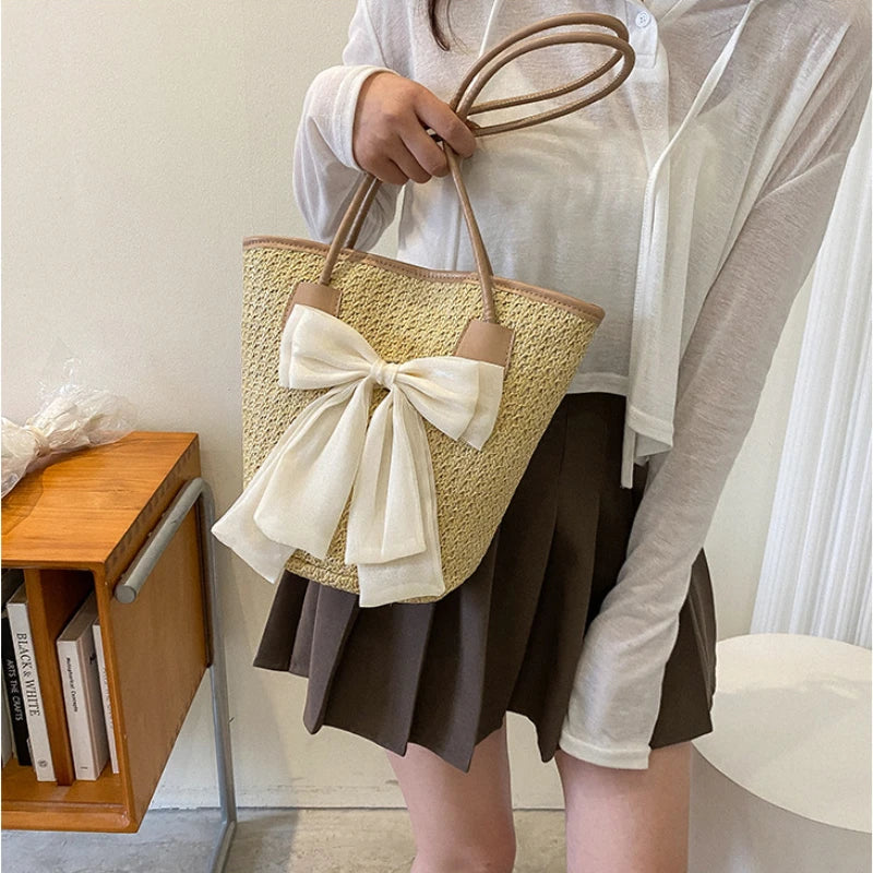 Women Straw Handbags Holiday Totes Lovely Bow Shoulder Bags Beach Bags