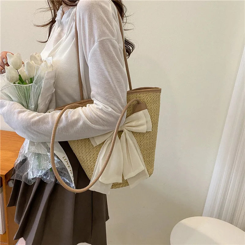 Women Straw Handbags Holiday Totes Lovely Bow Shoulder Bags Beach Bags