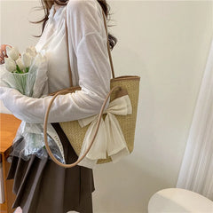 Women Straw Handbags Holiday Totes Lovely Bow Shoulder Bags Beach Bags
