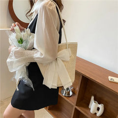 Women Straw Handbags Holiday Totes Lovely Bow Shoulder Bags Beach Bags