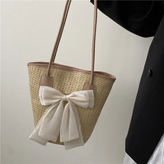 Women Straw Handbags Holiday Totes Lovely Bow Shoulder Bags Beach Bags