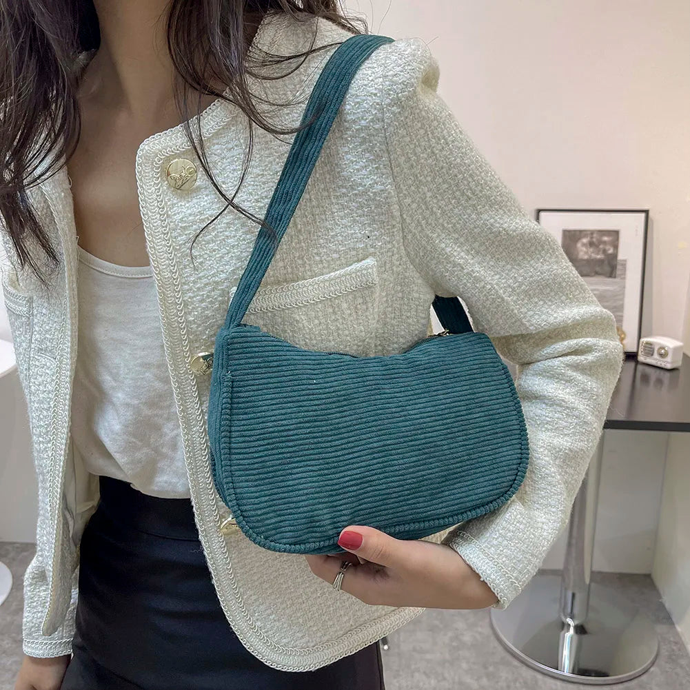 Corduroy Solid Shoulder Bag Underarm Handbag