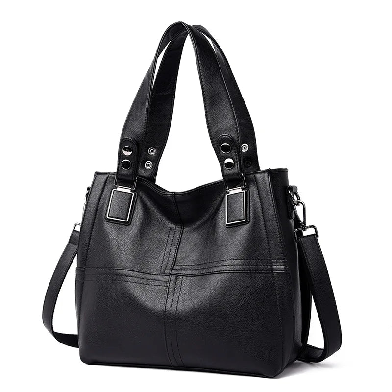 Women's PU Leather Tote Bag Solid Stitching Shoulder Messenger Bag