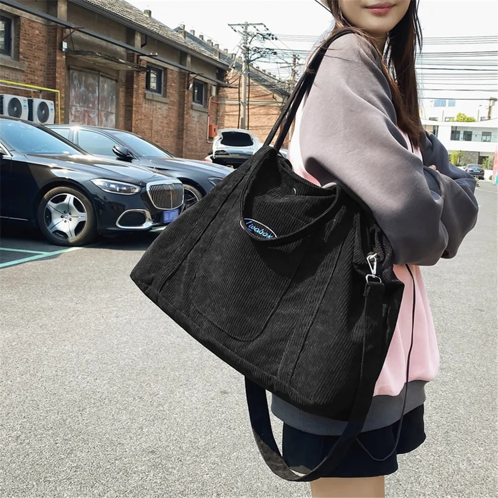 Corduroy Shoulder Bag for Women Zipper Handbag Large Capacity Tote