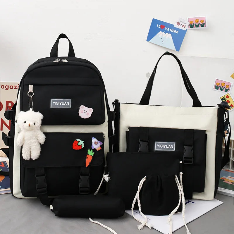 Canvas Women's Backpacks 5 pcs Set Big Capacity Students Bags