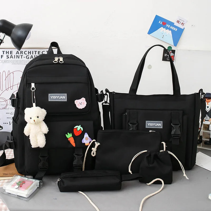 Canvas Women's Backpacks 5 pcs Set Big Capacity Students Bags