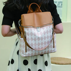 Women's Diamond Lattice Leather Backpack High Anti Theft Bagpack