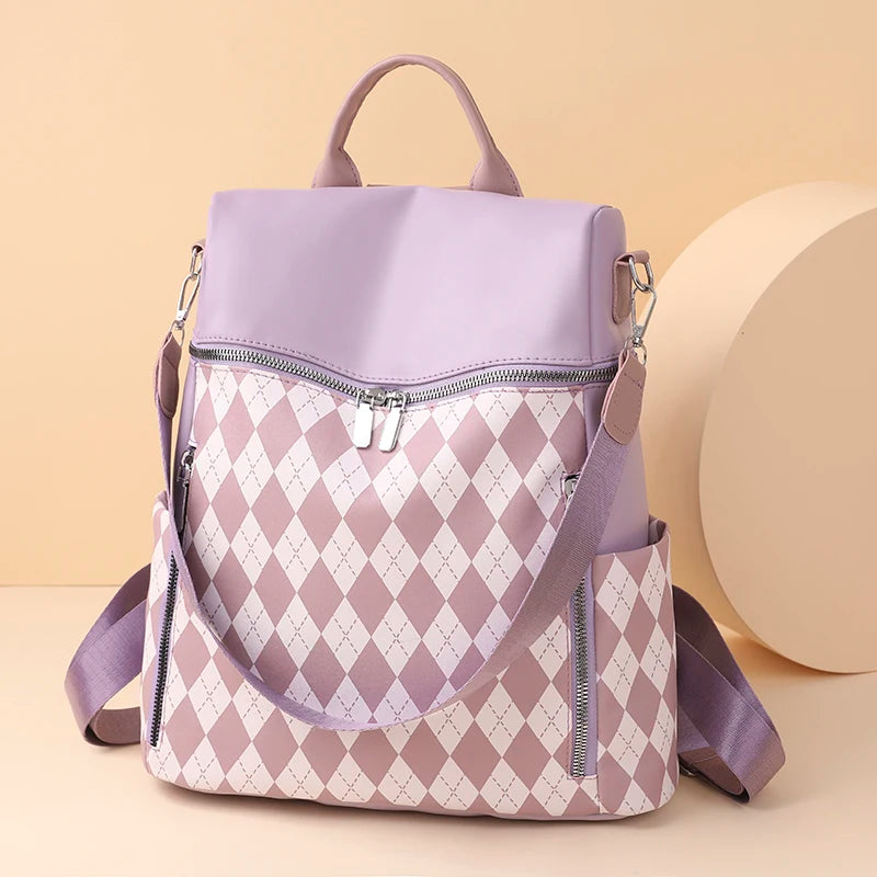 Women's Diamond Lattice Leather Backpack High Anti Theft Bagpack