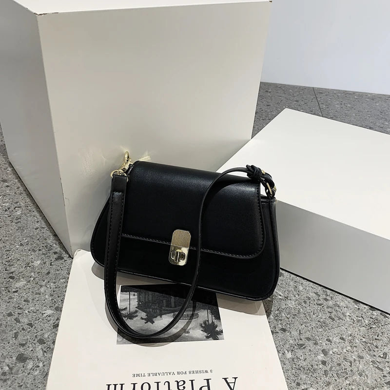 PU Leather Women Underarm Bag Retro Solid Ladies Baguette Handbags