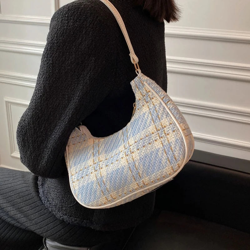 Plaid Canvas Women's Bag Crescent Shoulder Bag