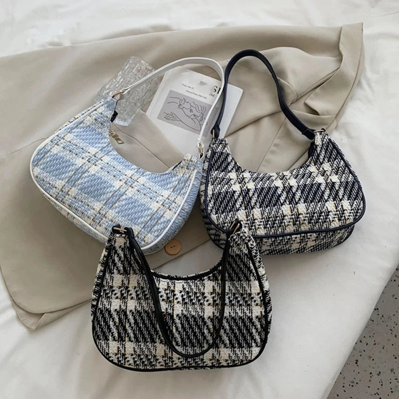 Plaid Canvas Women's Bag Crescent Shoulder Bag