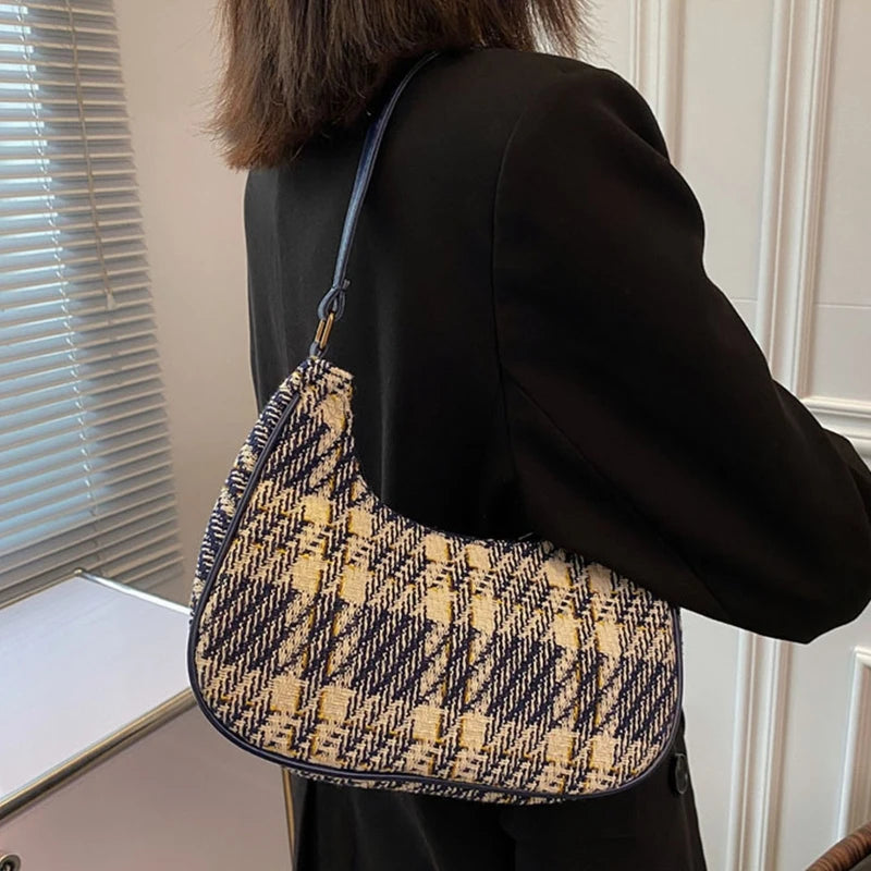 Plaid Canvas Women's Bag Crescent Shoulder Bag