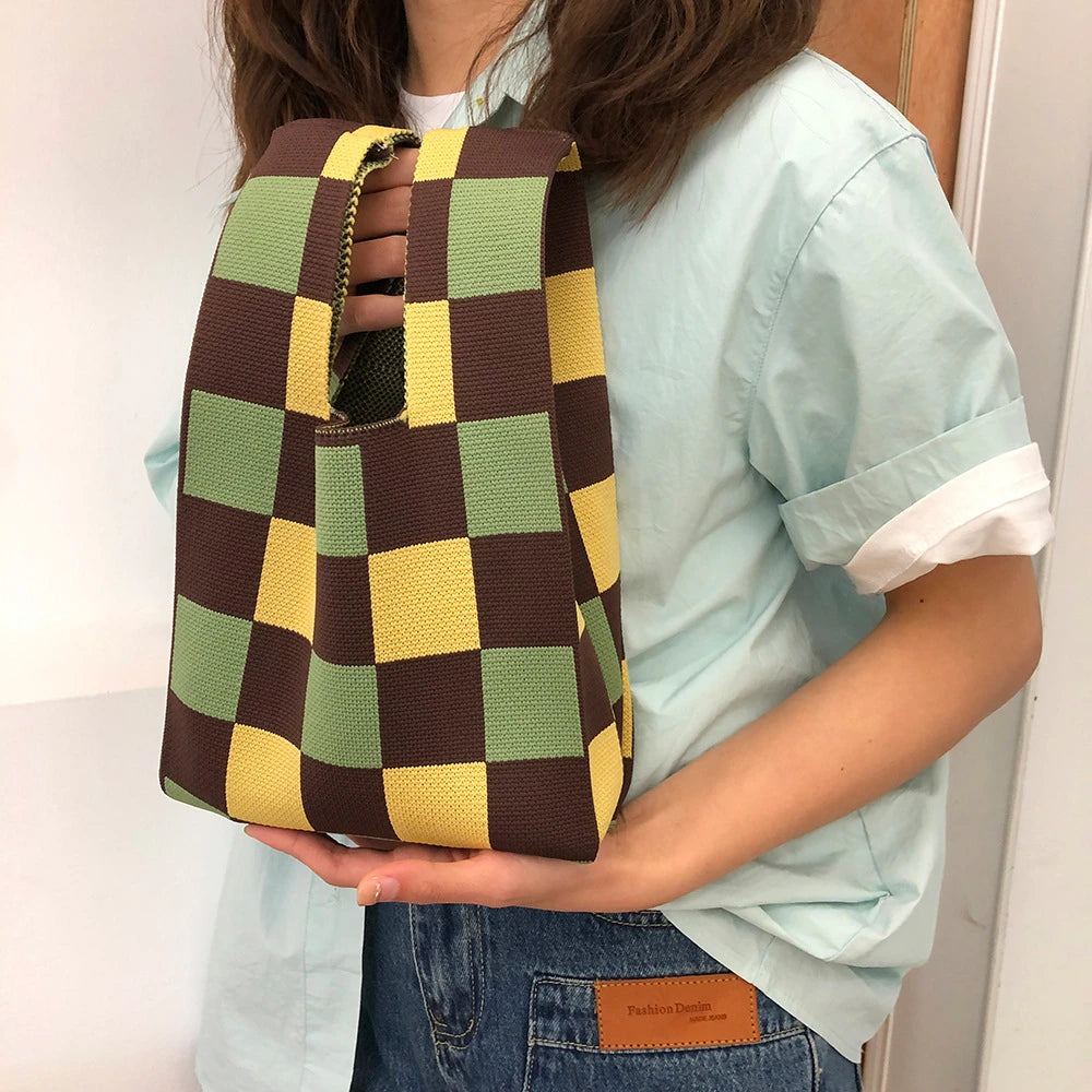 Plaid Knitting Women Shoulder Bag Hollow Out Tote Female Handbag