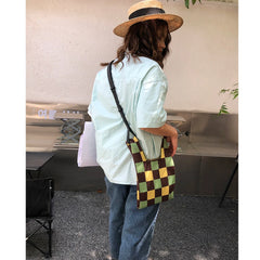 Plaid Knitting Women Shoulder Bag Hollow Out Tote Female Handbag