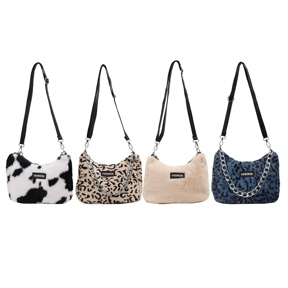 Leopard Flower Print Plush Handbag Chain Tote Bags
