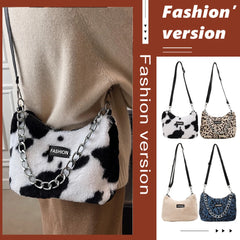 Leopard Flower Print Plush Handbag Chain Tote Bags