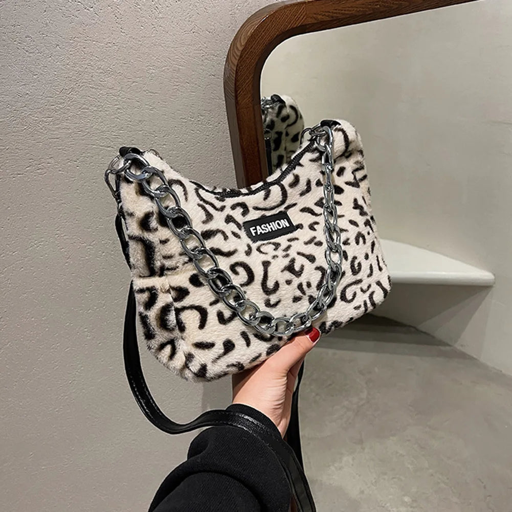 Leopard Flower Print Plush Handbag Chain Tote Bags