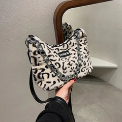 Leopard Flower Print Plush Handbag Chain Tote Bags