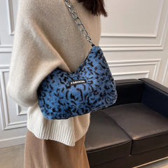 Leopard Flower Print Plush Handbag Chain Tote Bags