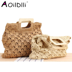 Retro Straw Beach Tote Bag Wooden Handle Large Capacity