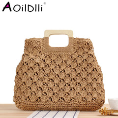 Retro Straw Beach Tote Bag Wooden Handle Large Capacity