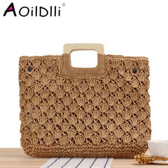 Retro Straw Beach Tote Bag Wooden Handle Large Capacity