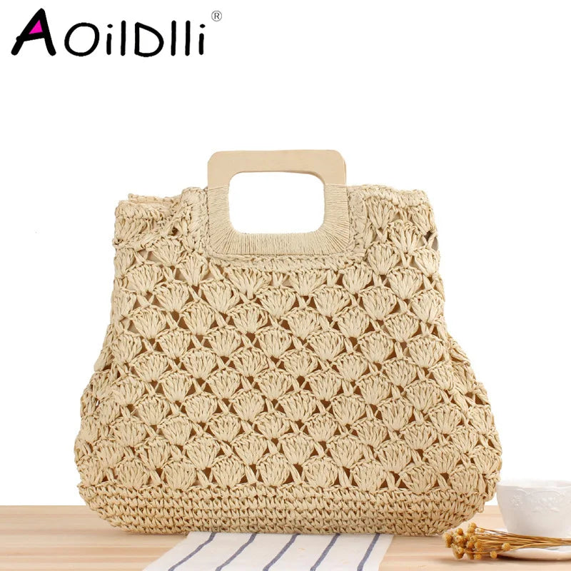 Retro Straw Beach Tote Bag Wooden Handle Large Capacity