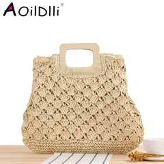 Retro Straw Beach Tote Bag Wooden Handle Large Capacity
