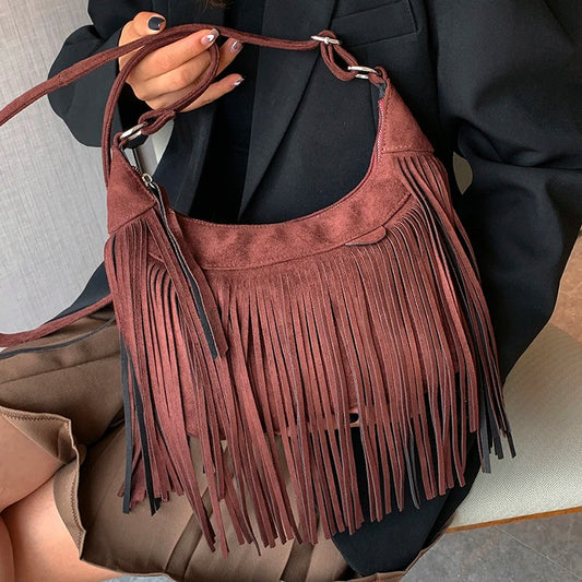 Retro Style Women Cross Body Bag Shoulder Bag Tassel Zipper Large Messenger Bag