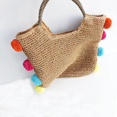 Round Straw Beach Bag with Furry Ball Vintage Paper Woven Circle Shoulder Bag