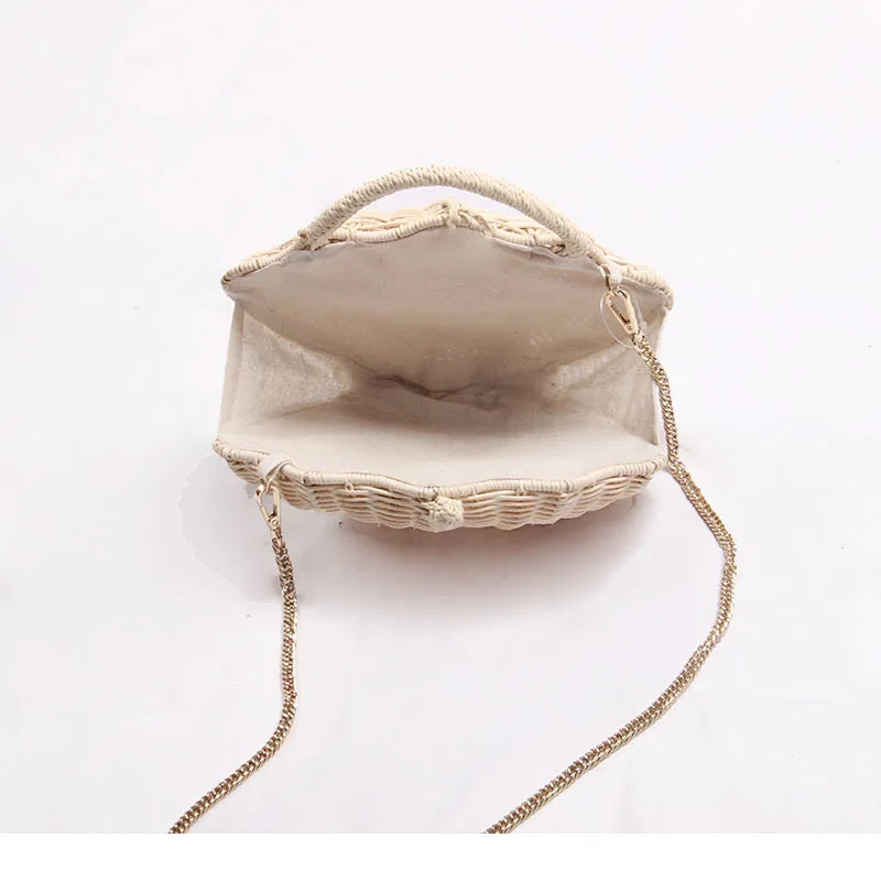 Shell-Shaped Rattan Woven Messenger Bag