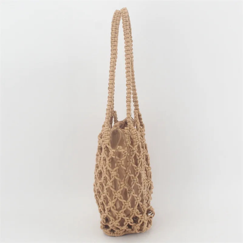 Retro Beach Bucket Handbag Hollow Cotton Thread Net Pocket