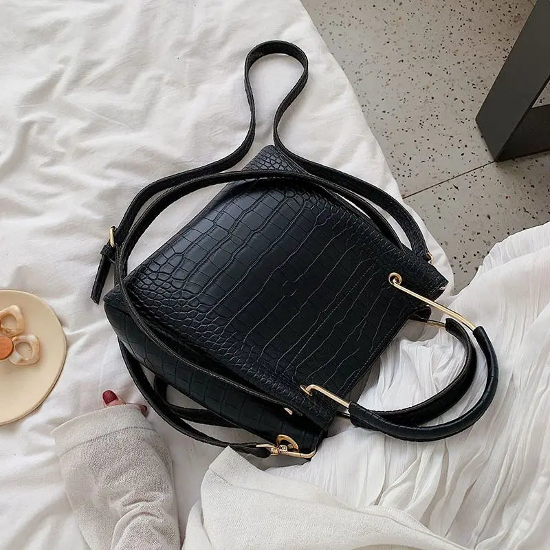 Stone Pattern PU Leather Bucket Bag Lady Handbag Totes