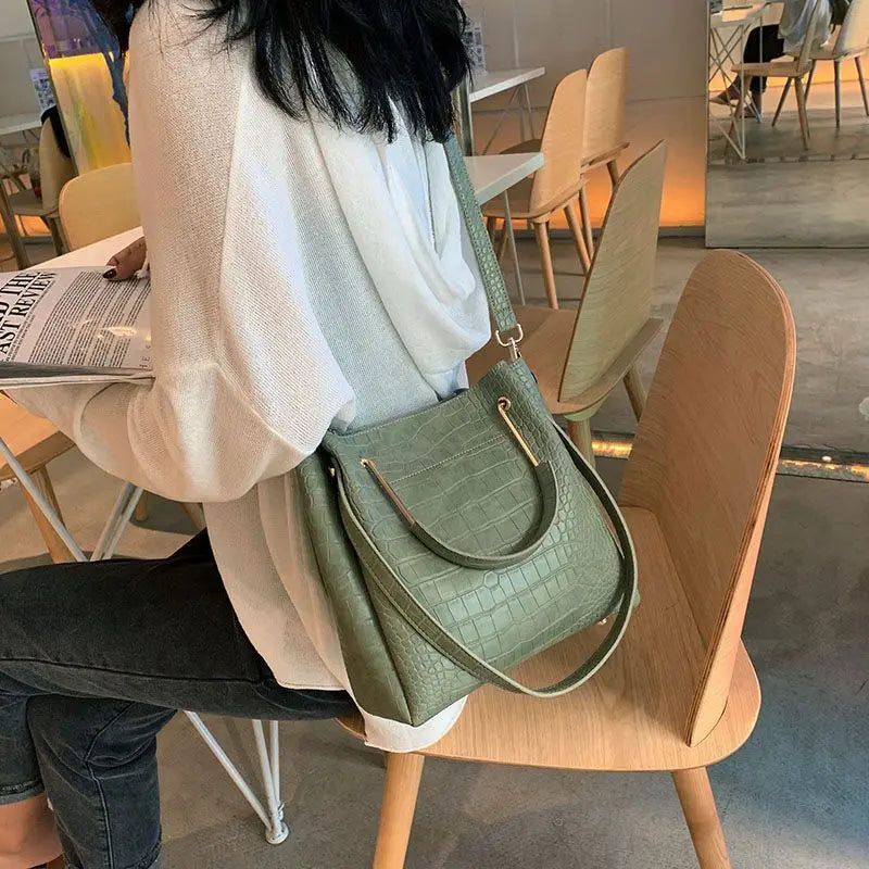 Stone Pattern PU Leather Bucket Bag Lady Handbag Totes