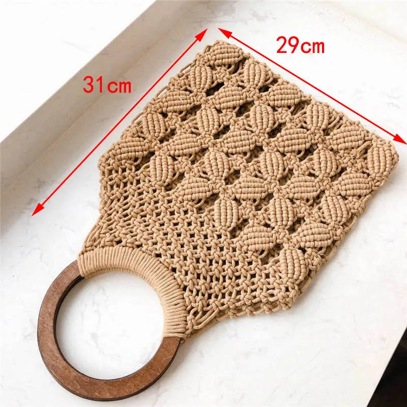 Spring Summer Woven Bag Hollow Beach Wooden Handle Ring Straw Handbag