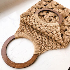 Spring Summer Woven Bag Hollow Beach Wooden Handle Ring Straw Handbag