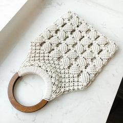 Spring Summer Woven Bag Hollow Beach Wooden Handle Ring Straw Handbag