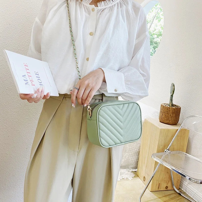 Solid PU Leather Crossbody Bag Chain Square Satchels Female Bag Shoulder Bag
