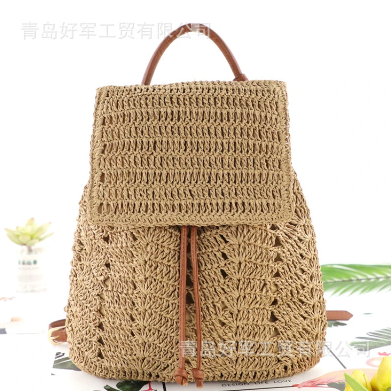 Hollow Woven Straw Backpack Drawstring Shoulder Bag