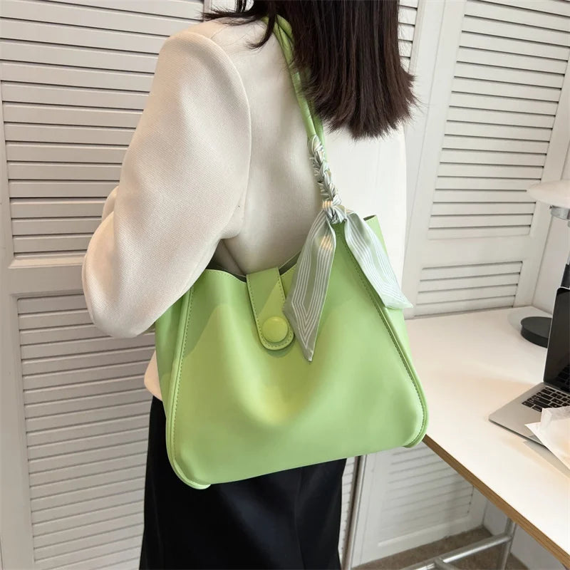 Summer Casual Women Soft PU Leather Shoulder Bag with Ribbon