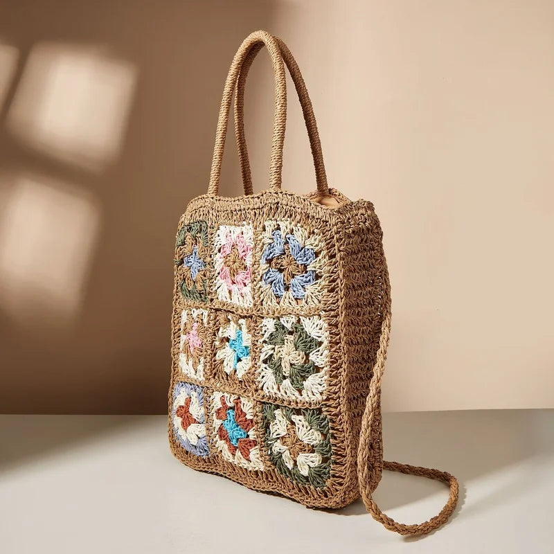 Summer Flower Stitching Woven Straw Bag Shoulder Hand-held Beach Tote
