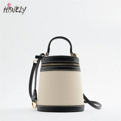 Canvas Bucket Bag Round Flap Shoulder Crossbody Tote Handbag