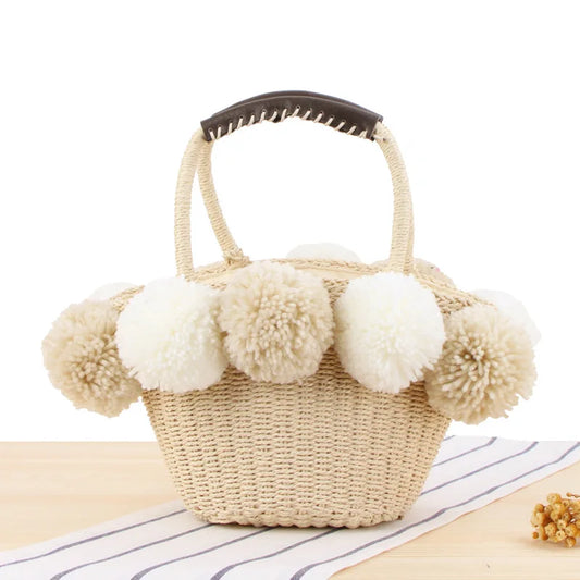 Straw Handbag Hairball Top-Handle Bag Vintage Crochet Totes Travel Beach Bags