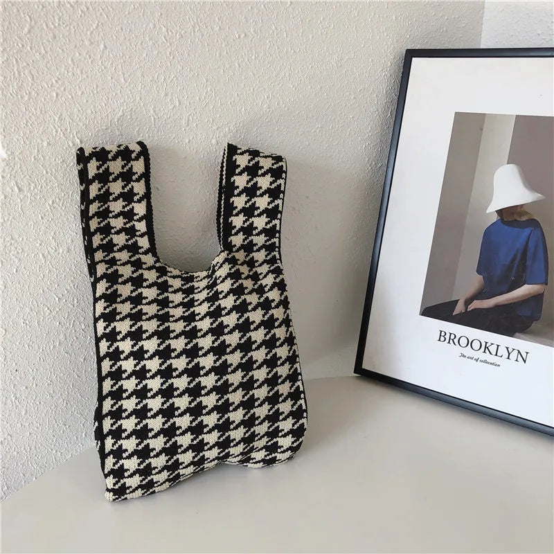 Knitted Checkerboard Women's Bag Houndstooth Handbag Small Tote Bag