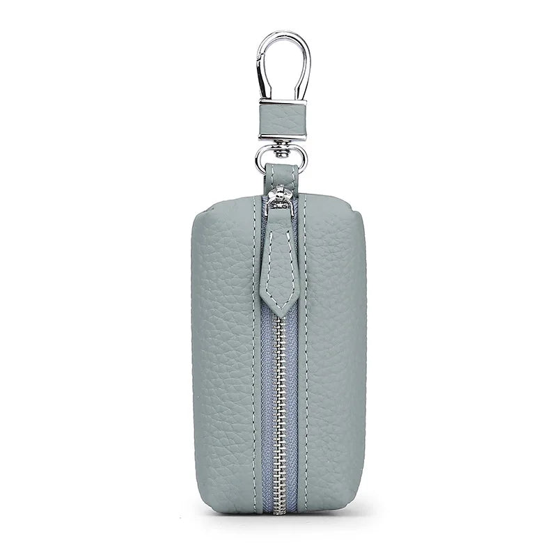 Men Zipper Open Cowhide Leather Small Items Case Hook Style