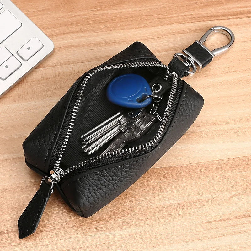 Men Zipper Open Cowhide Leather Small Items Case Hook Style