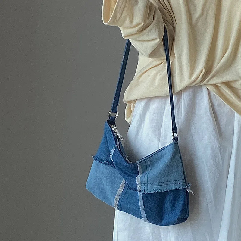 Versatile Contrast Small Denim Canvas Casual Shoulder Bag