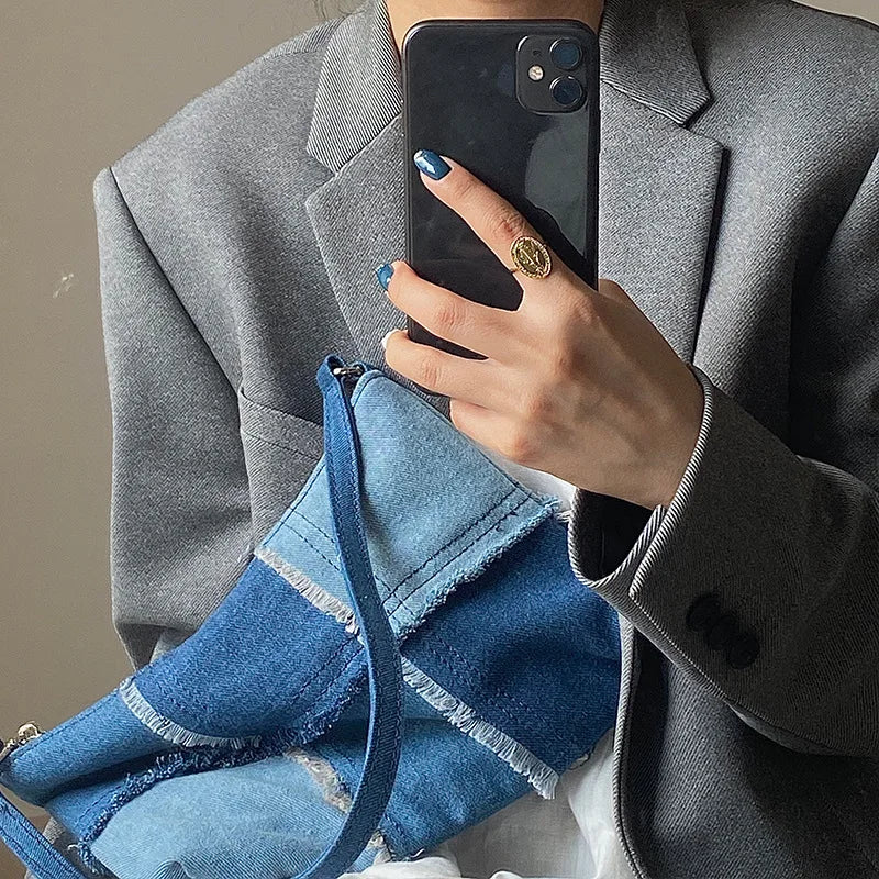 Versatile Contrast Small Denim Canvas Casual Shoulder Bag