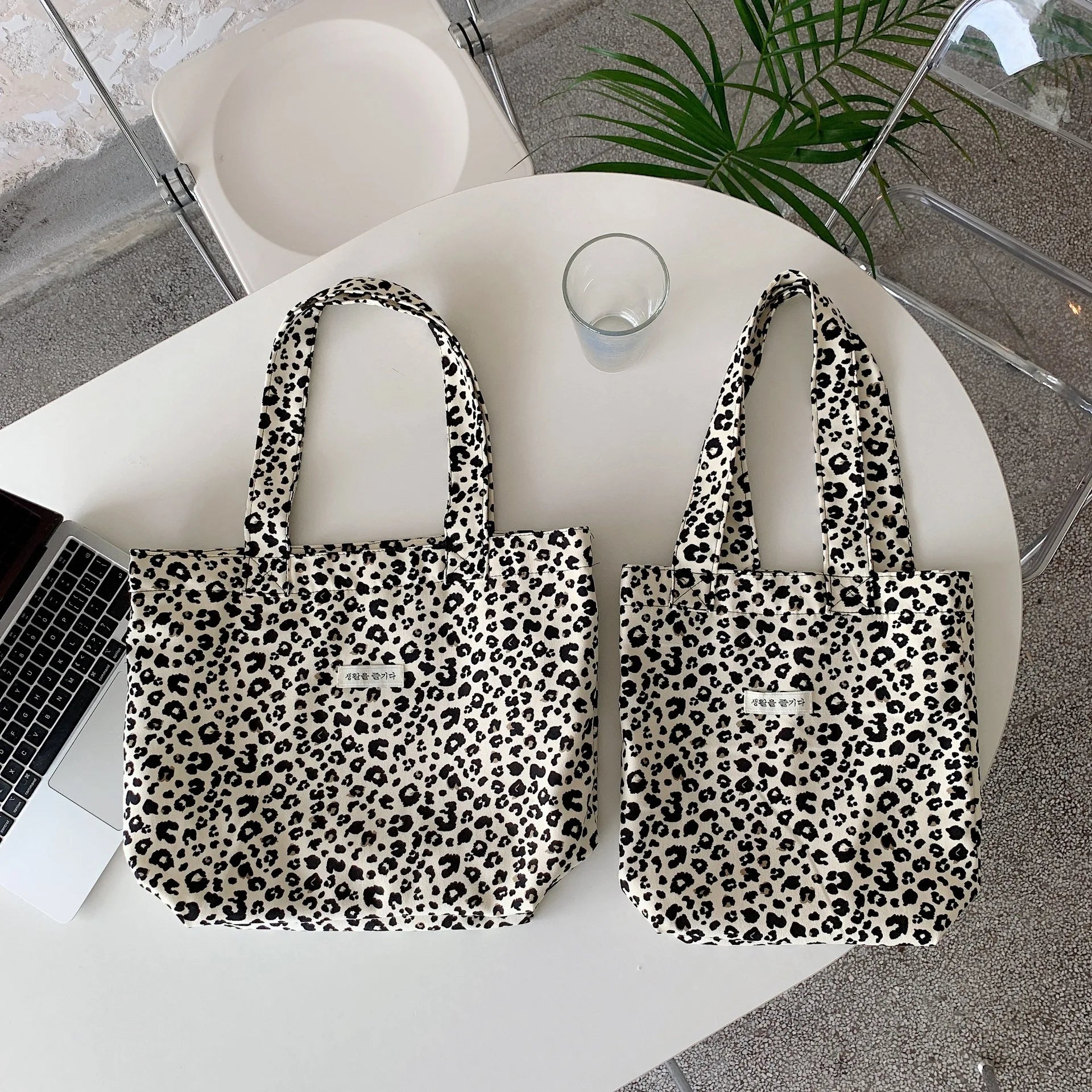 Vintage Leopard Print Canvas Shoulder Bag Large Capacity Casual Tote